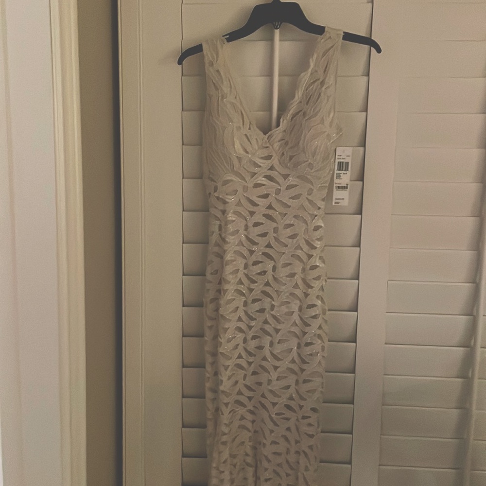 Ivory Lace Sparkle Backless Evening Gown Ribbon Tie Prom Dress by Jump Juniors